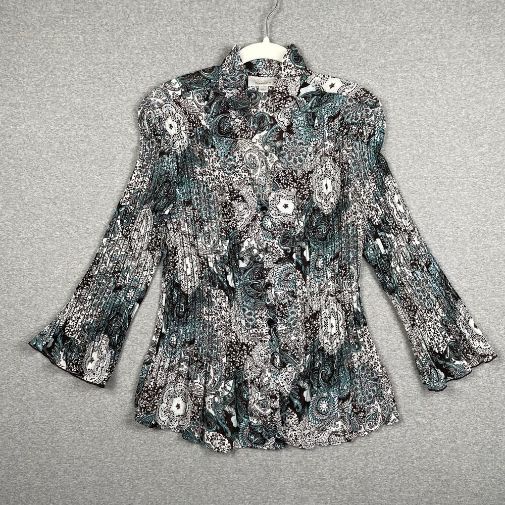 y2k Paisley Floral Pleated Top L Teal Brown Bell Sleeve Boho Fairy Hippie Ruffle